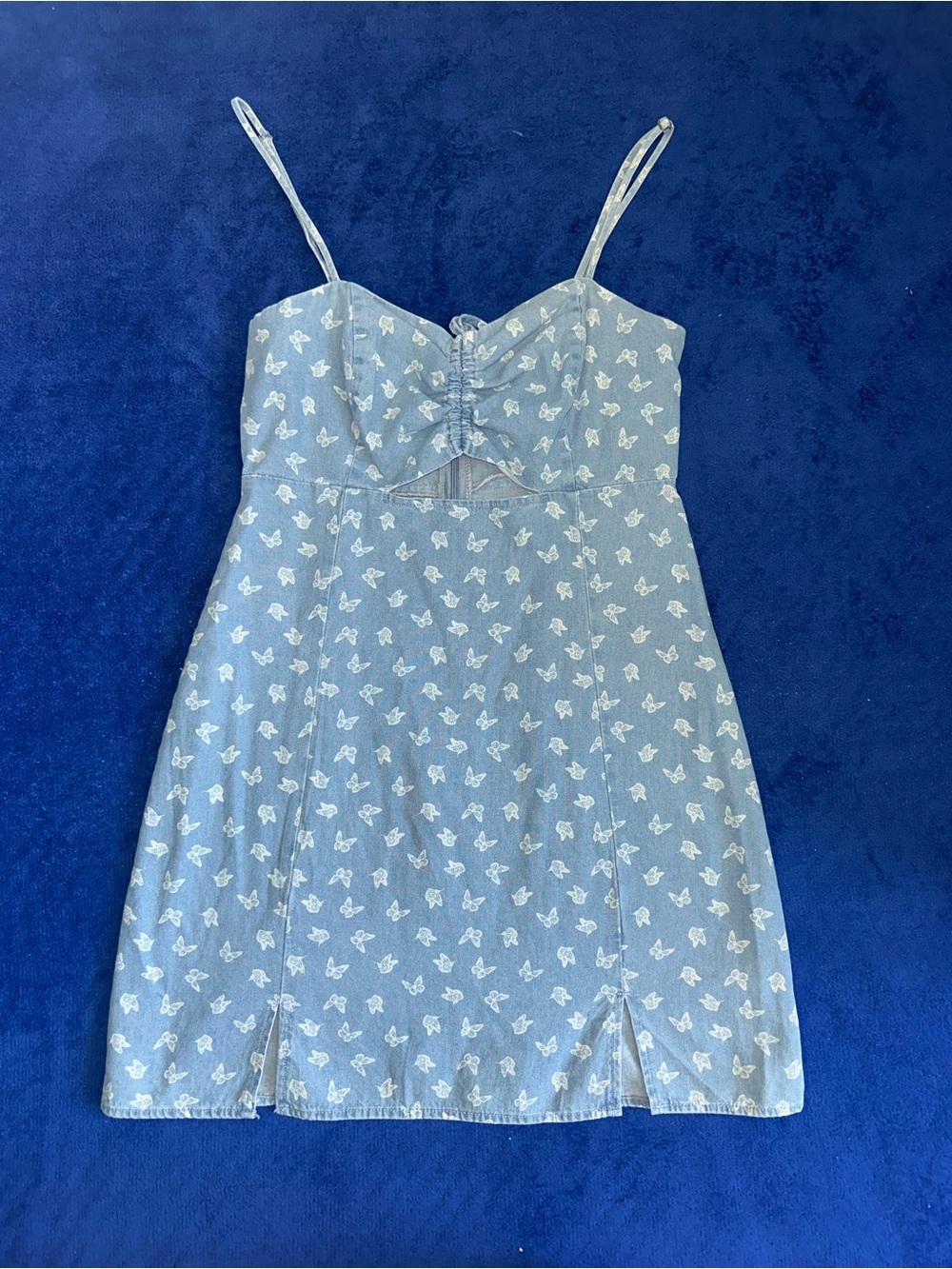 Aeropostale Dress Womens Medium M Blue Butterfly Chambray Ruched Mini Sundress